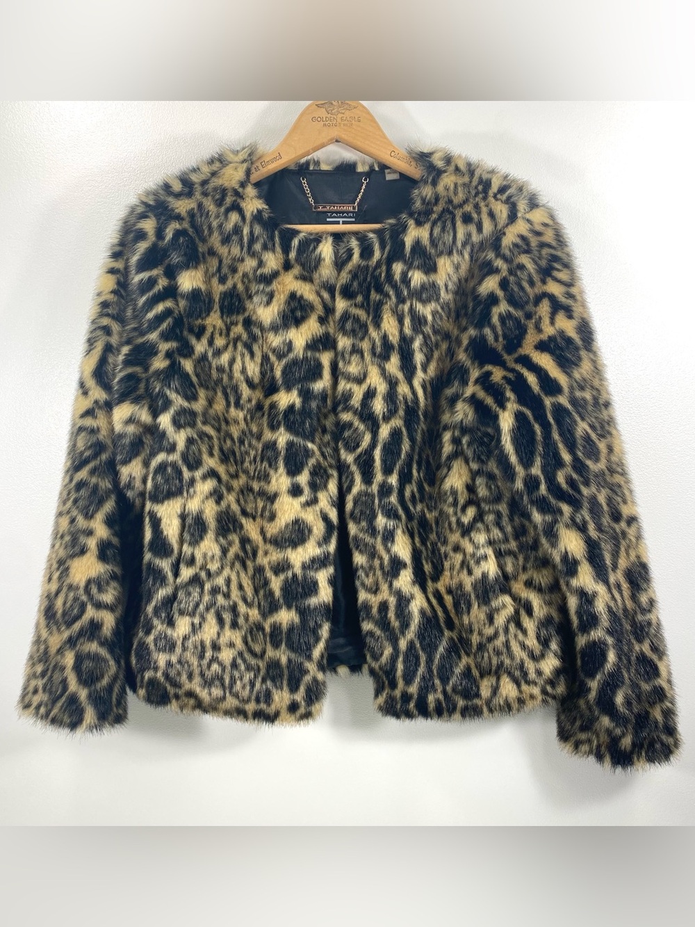T Tahari Leopard Animal Print Cropped Faux Fur Luxe Runway Statement Coat XS